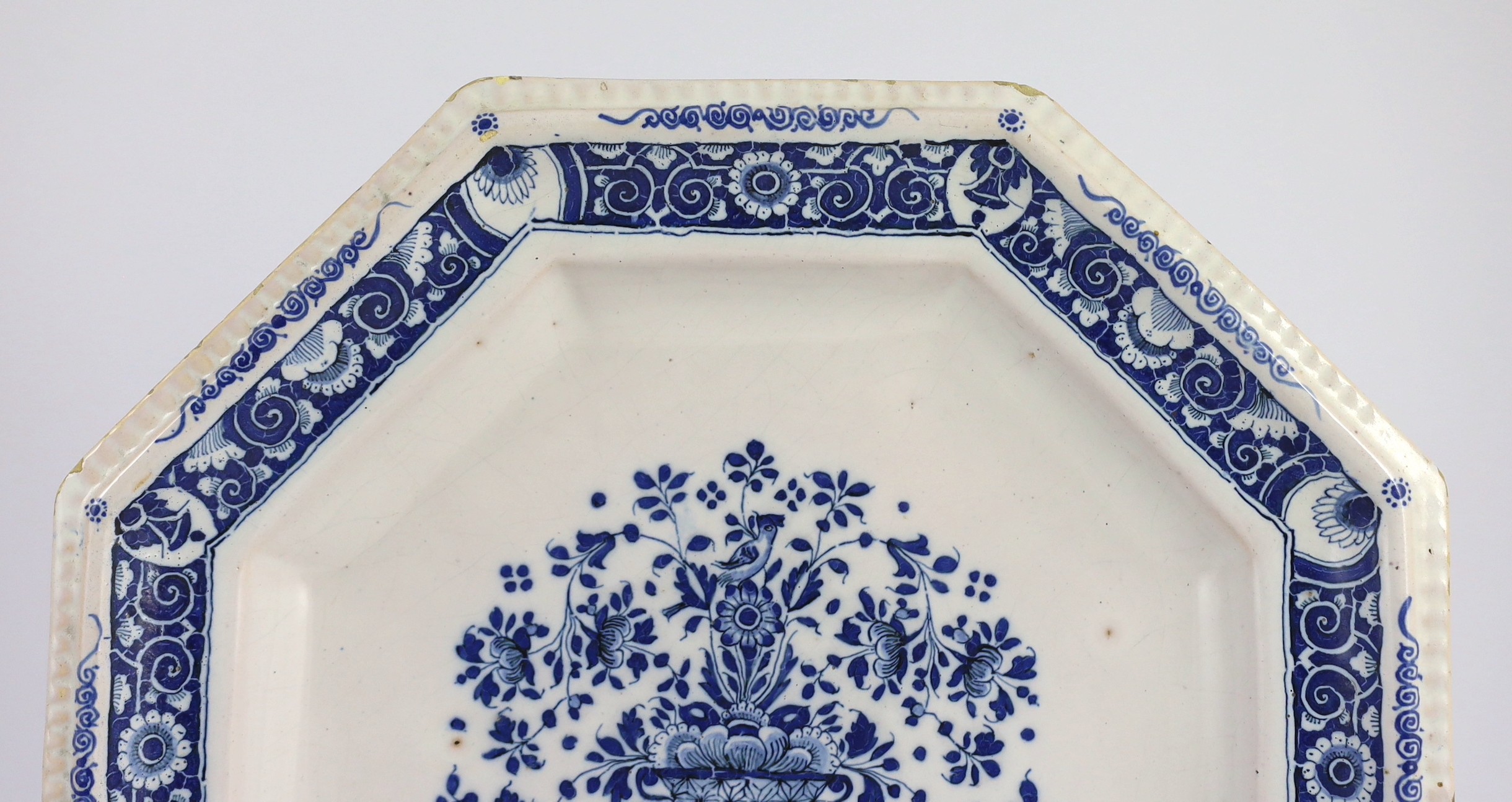 A large Strasbourg faience octagonal dish, c.1720-40, 35.5cm wide